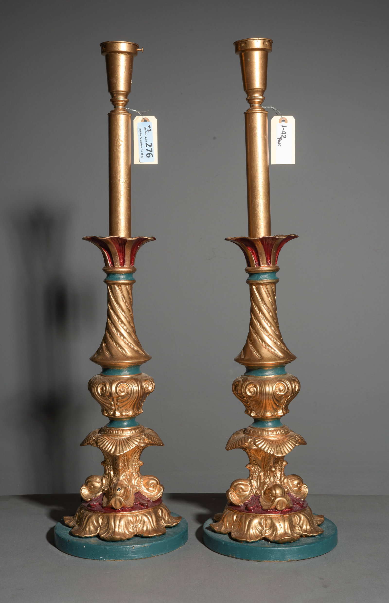 2 Italian Style Polychrome Tall Lamps: 2 Italian Style Polychrome Tall Lamps - 33.25 in tall x 8.5 inch diameter