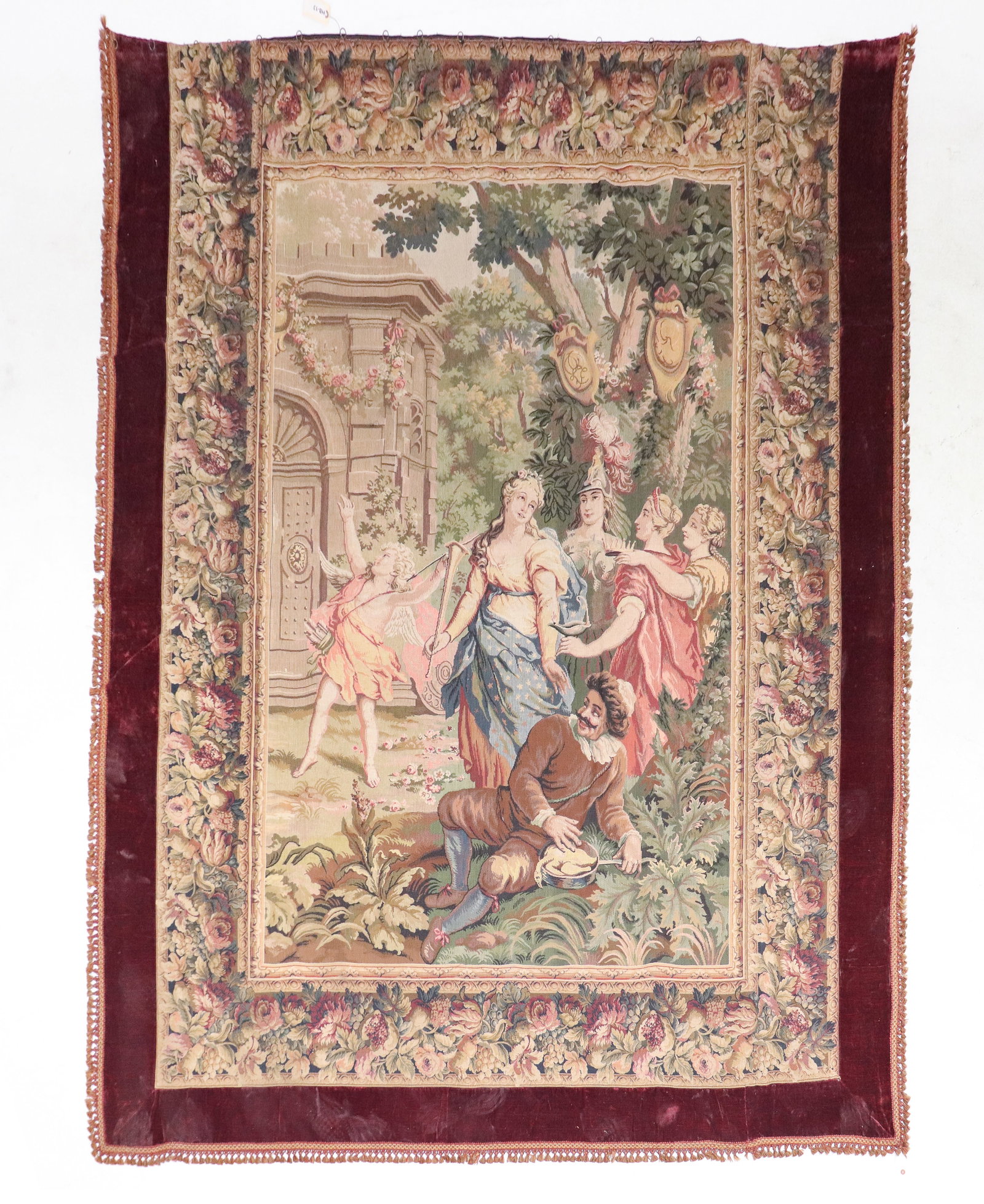 French Large Needlepoint & Velvet Tapestry #1: French Large Needlepoint & Velvet Tapestry - 9'1 x 7'8