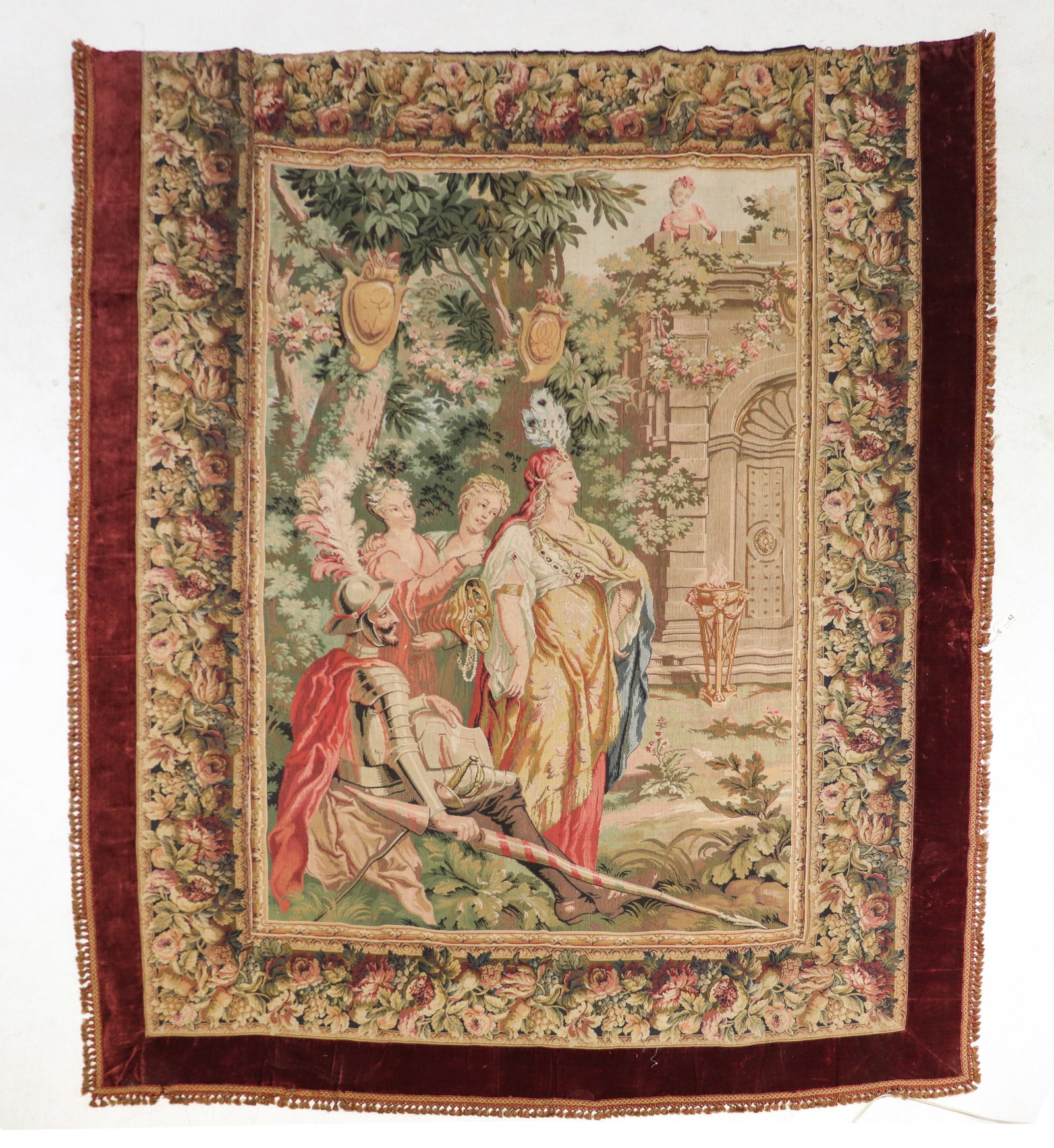 French Large Needlepoint & Velvet Tapestry #2: French Large Needlepoint & Velvet Tapestry - 9'10 x 7'6