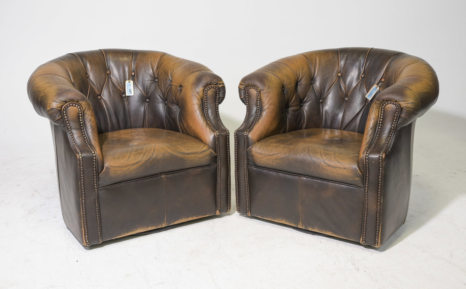 2 Brown Leather Barrel Back Club Chairs #1 (1 of 6)