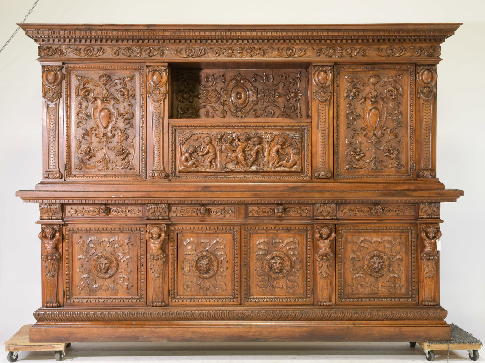 Italian Renaissance Revival Monumental Walnut Buffet: Italian Renaissance Revival Monumental Walnut Buffet / Cupboard - 88.5 in tall x 126 x 22.25