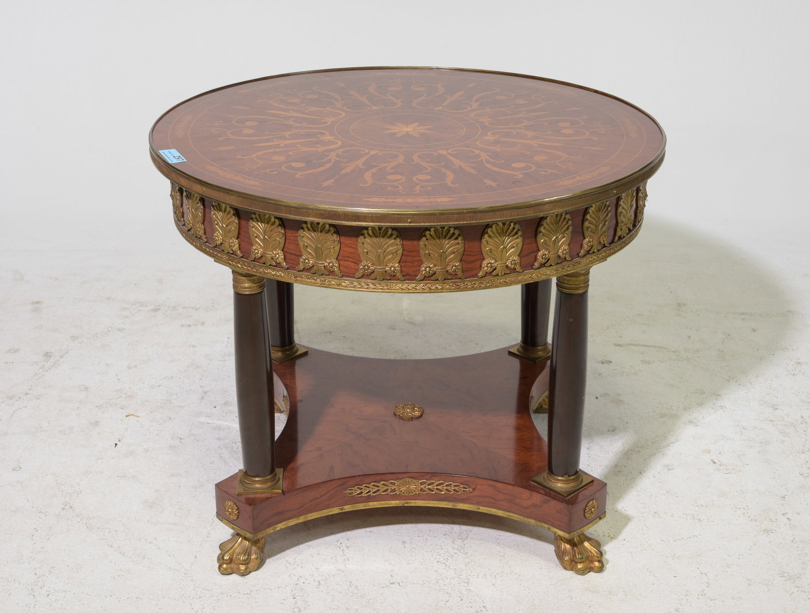 French Empire Style Round Side Table: French Empire Style Round Side Table with Gilded Ormolu / Metal Adornments - 25.25 in tall x 31.75 inch diameter