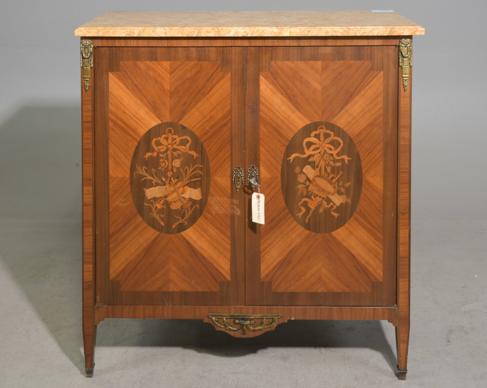 Louis XVI Style Marble Top Marquetry Inlaid Cabinet: French Louis XVI Style Marble Top Marquetry Inlaid Cabinet - 40 in tall x 37 x 17.5