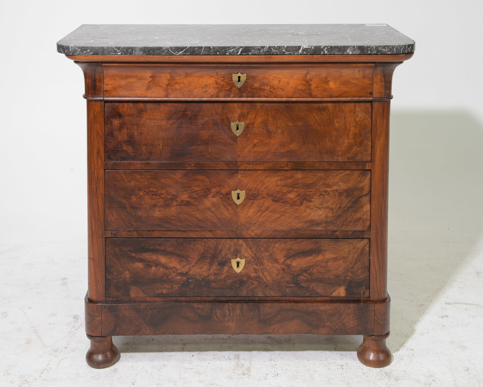 Louis Philippe Style Narrow Marble Top Chest: French Louis Philippe Style Narrow Marble Top Chest - 37 in tall x 39 x 18