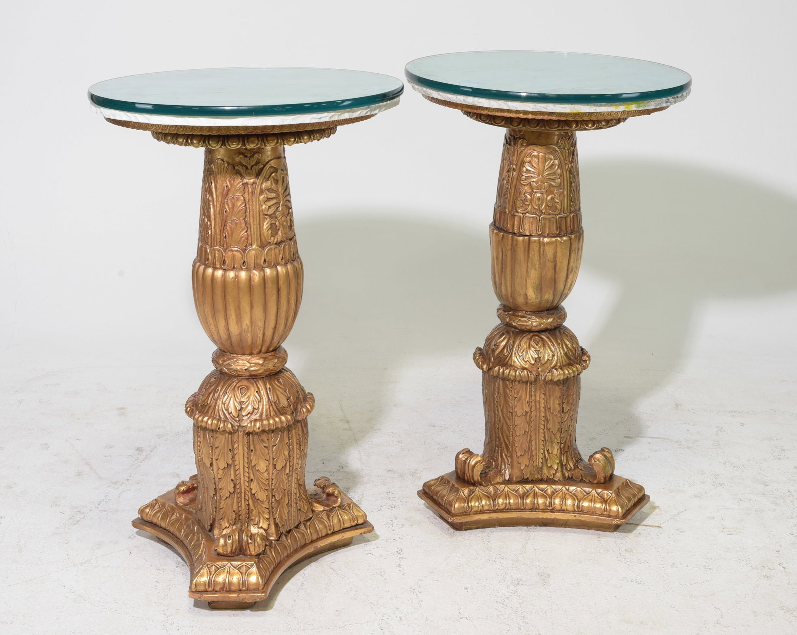 2 Italian Style Gilded Pedestals with Marble & Glass Top: 2 Italian Style Gilded Pedestals with Marble & Glass Top - 39 in tall x 24 inch diameter each - The marble has a "natural" rough edge all around
