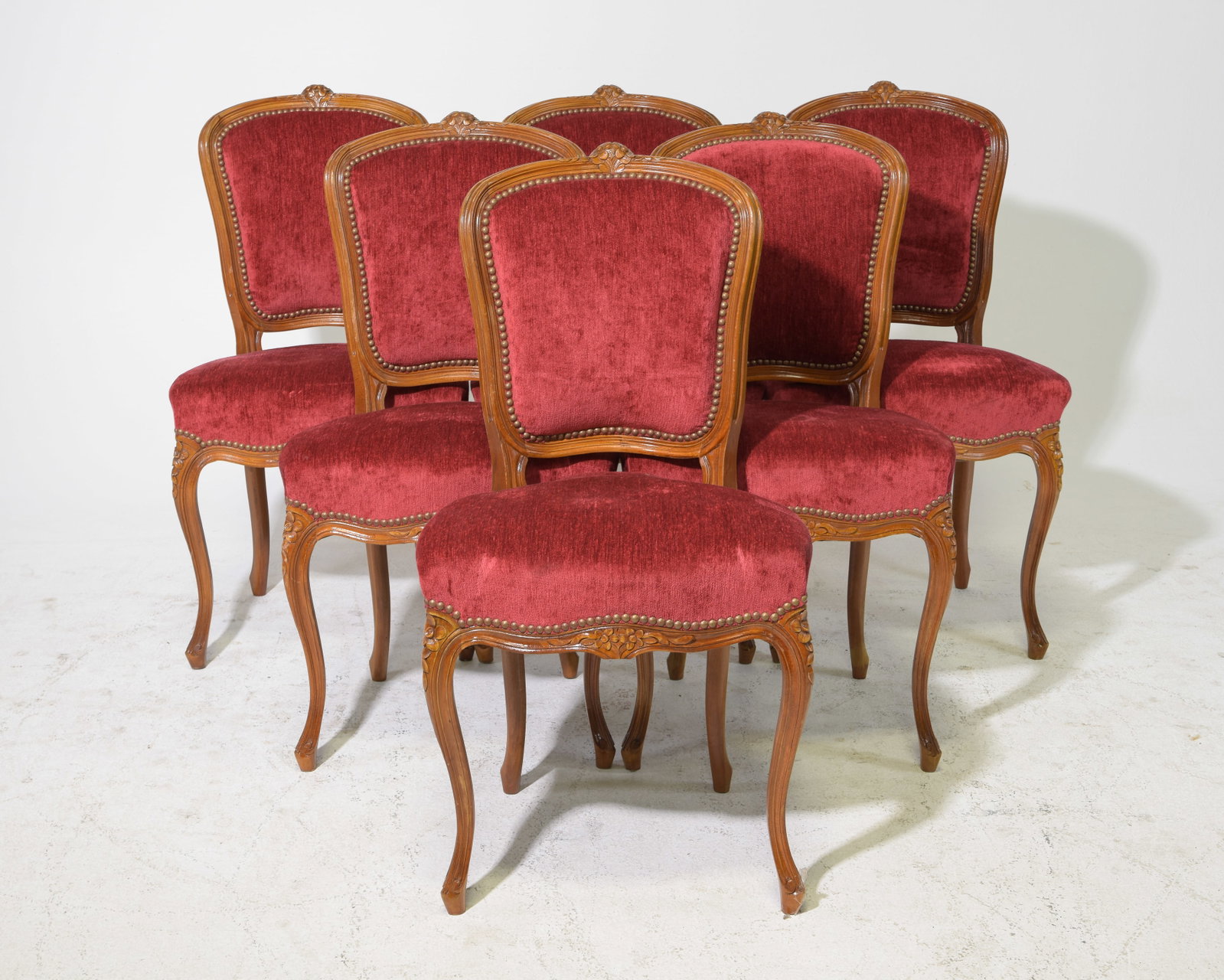 Louis XV Style Set of 6 Upholstered Dining Chairs: French Louis XV Style Set of 6 Red Velvet Upholstered Dining Chairs - 37 in tall x 19.5 x 17 each with a seat height of 19 inches