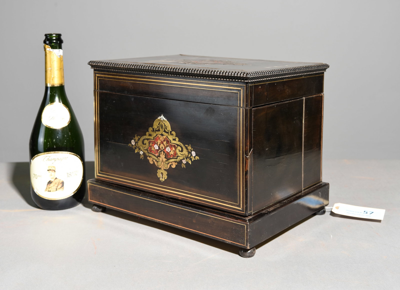 Napoleon III Style Brass Inlaid Cordial / Tantalus Set: French Napoleon III Style Brass Inlaid Cordial / Tantalus Set - 10 in tall x 13 x 9.5
