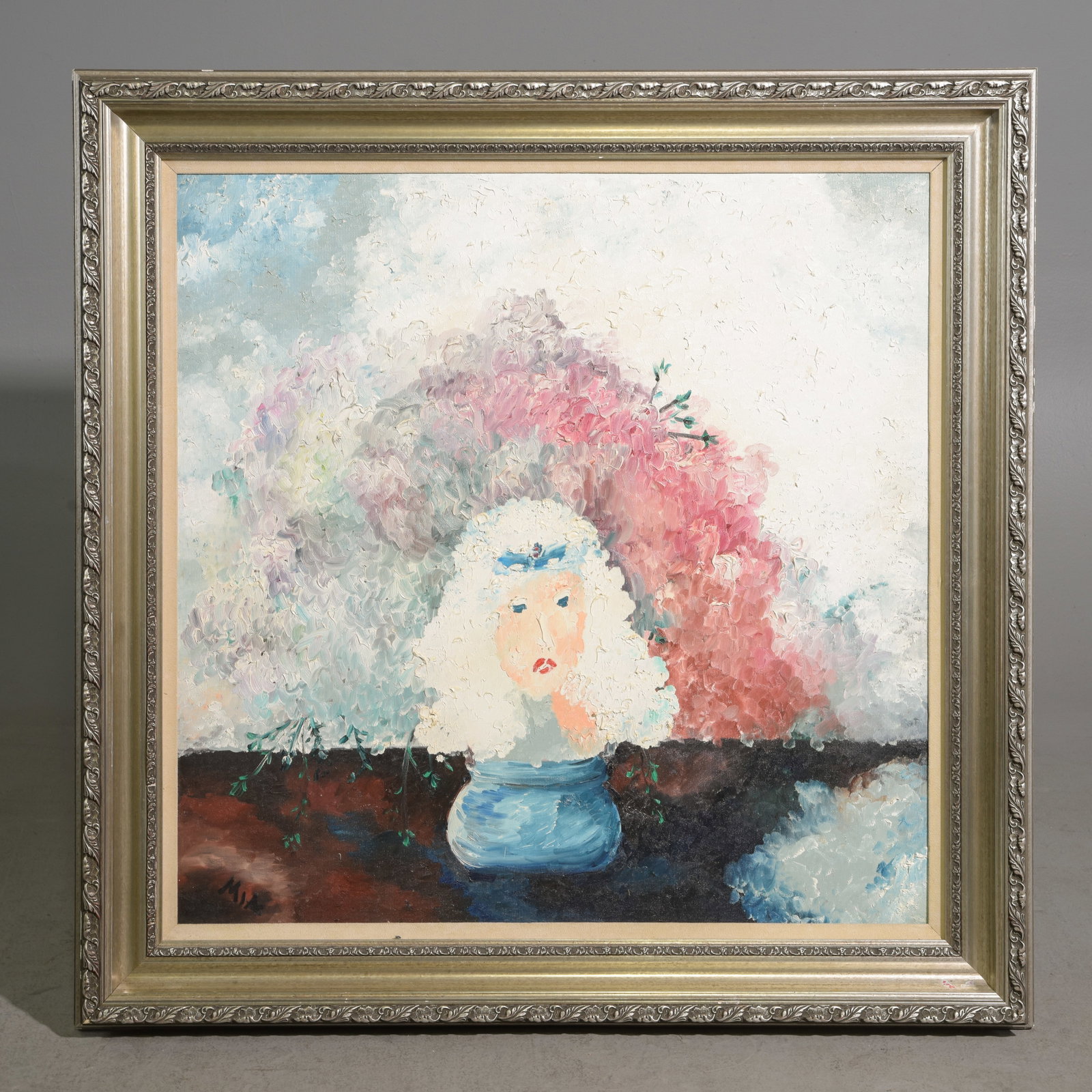 Silver Framed Impressionist "Still Life" signed "Mia": Silver Framed Impressionist "Still Life" signed "Mia" - 45 in tall x 45 x 2.25, The work itself is 35.5 x 36.25 - Madame Boudoir