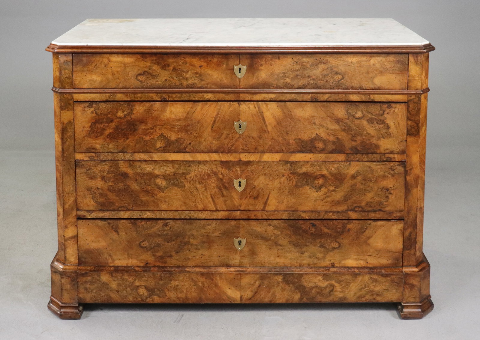 Louis Phillipe Style White Marble Top 4 drawer Chest: French Louis Phillipe Style White Marble Top 4 drawer Chest - 34 in tall x 46 x 20.5