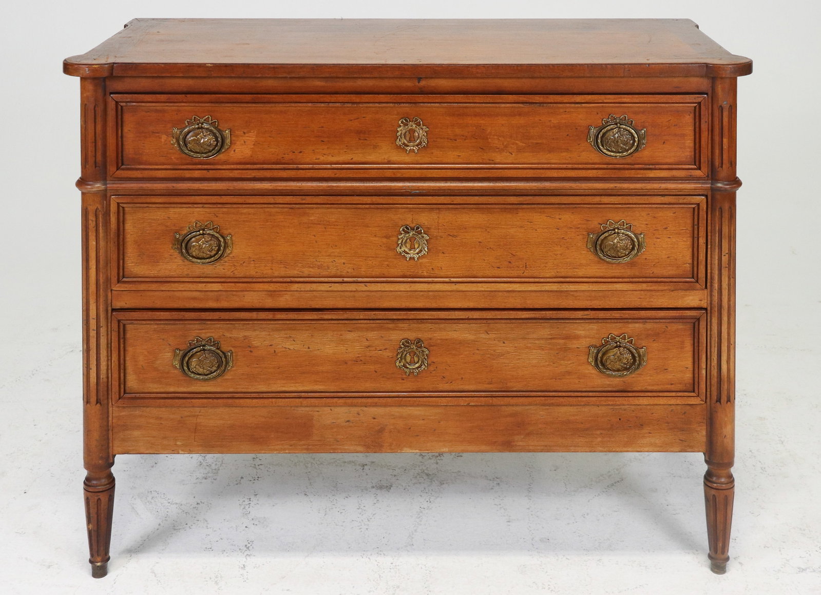 Louis XVI Style Walnut 3 Drawer Chest: French Louis XVI Style Walnut 3 Drawer Chest - 32.5 in tall x 41 x 19