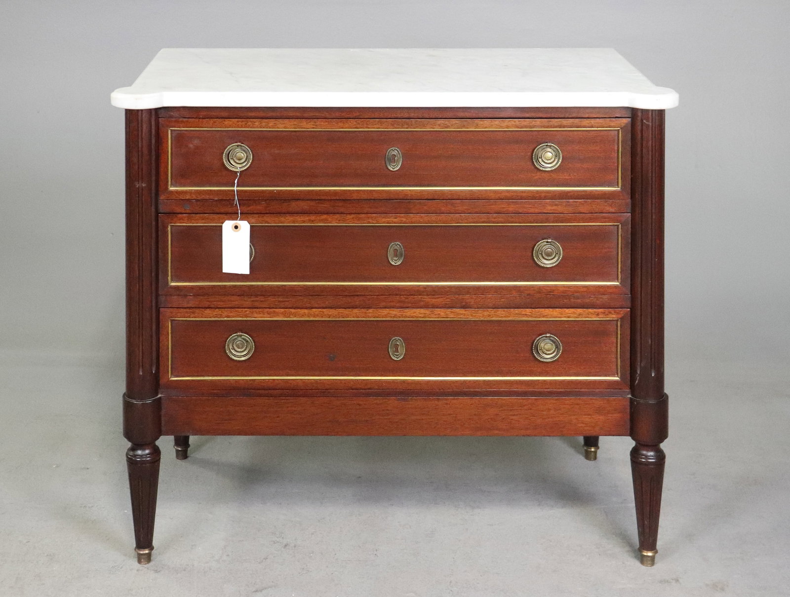Louis XVI Style White Marble Top 3 Drawer Chest: French Louis XVI Style White Marble Top 3 Drawer Chest - 28.5 in tall x 33 x 17