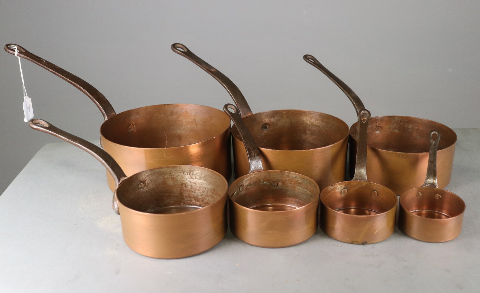 French Polished Copper Set of 7 Sauce Pans #1: French Polished Copper Set of 7 Sauce Pans - 8 in tall x 16.5 x 8