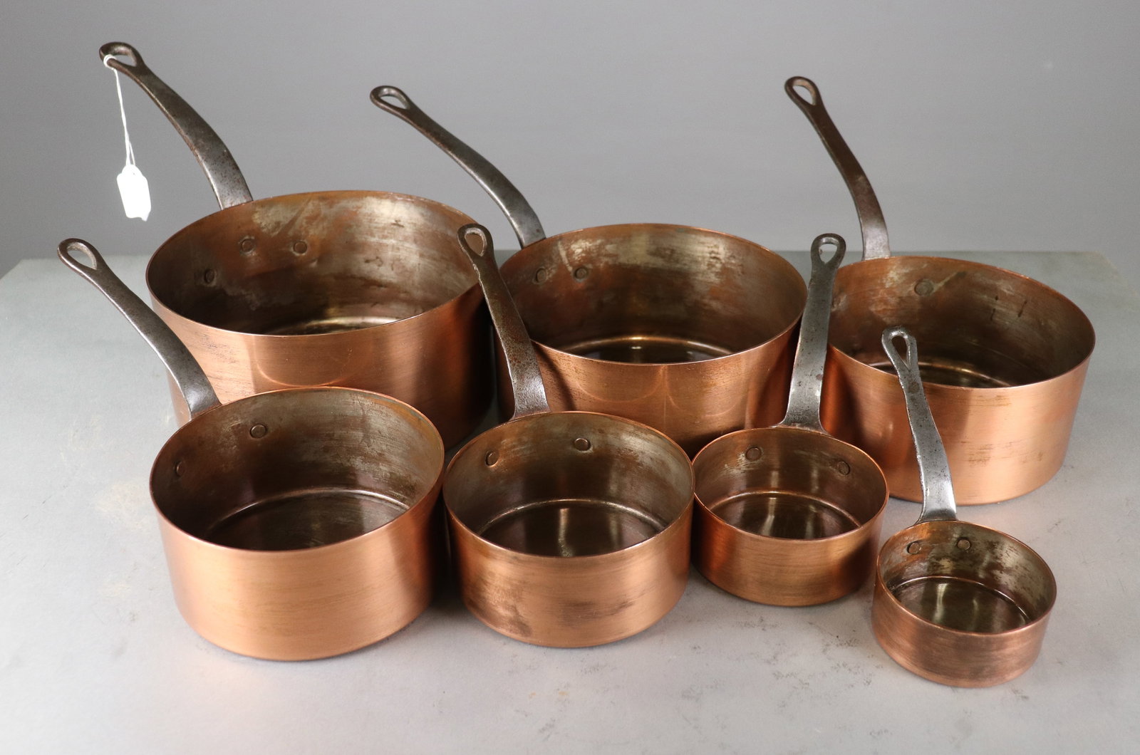 French Polished Copper Set of 7 Sauce Pans #2: French Polished Copper Set of 7 Sauce Pans - 6.75 in tall x 16.5 x 8