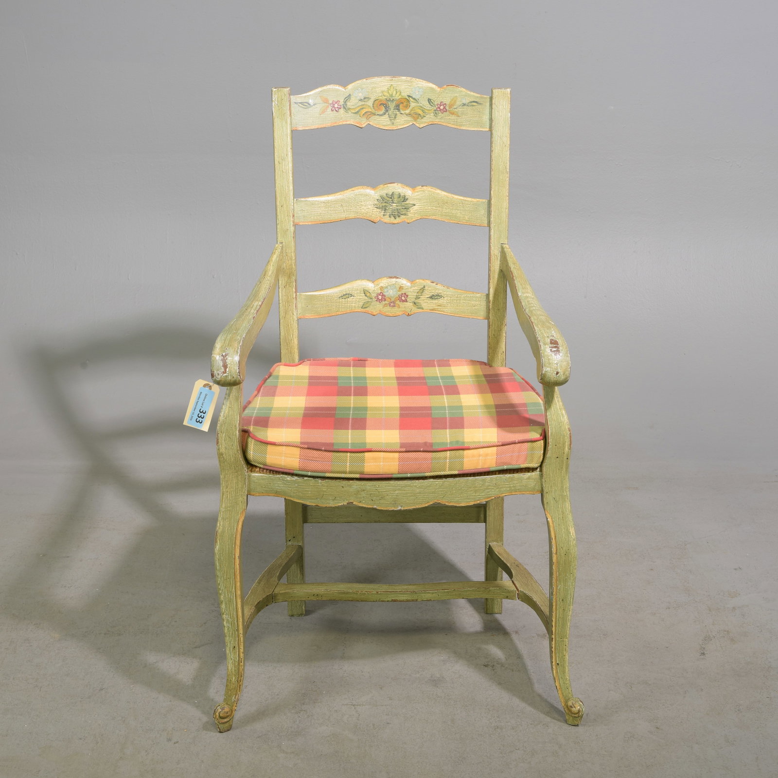 Louis XV Style Painted Rush Seat Arm Chair: French Louis XV Style Painted Rush Seat Arm Chair with Cushion - 40.25 in tall x 21 x 22, seat height is 20 in