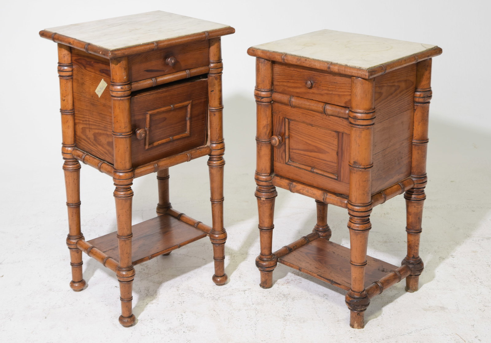 2 Faux Bamboo White Marble Top Nightstands: 2 Faux Bamboo White Marble Top Nightstands - 31.5 in tall x 15.5 x 14.25 and 29 in tall x 16 x 14
