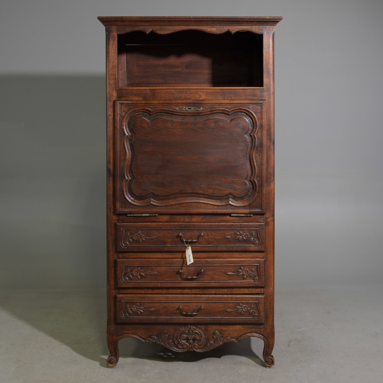 Louis XV Style Oak Drop Front Cabinet with Niche Top: French Louis XV Style Oak Drop Front Cabinet with Niche Top - 66 in tall x 34 x 19