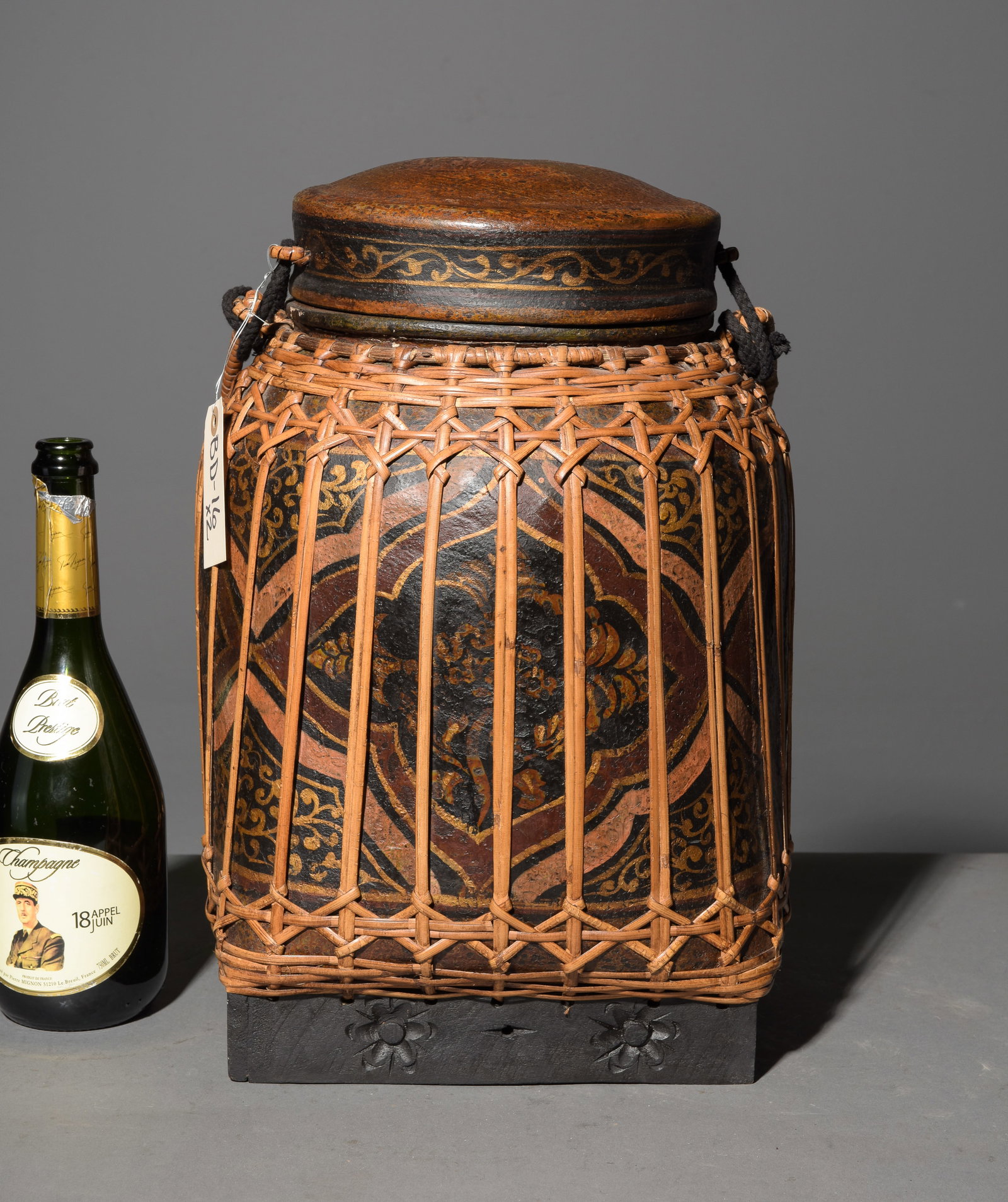 Thai Hand-Painted & Lacquered Bamboo Rice Container: Thai Hand-Painted & Lacquered Bamboo Rice Container - 17.5 in tall x 11.5 x 11.5