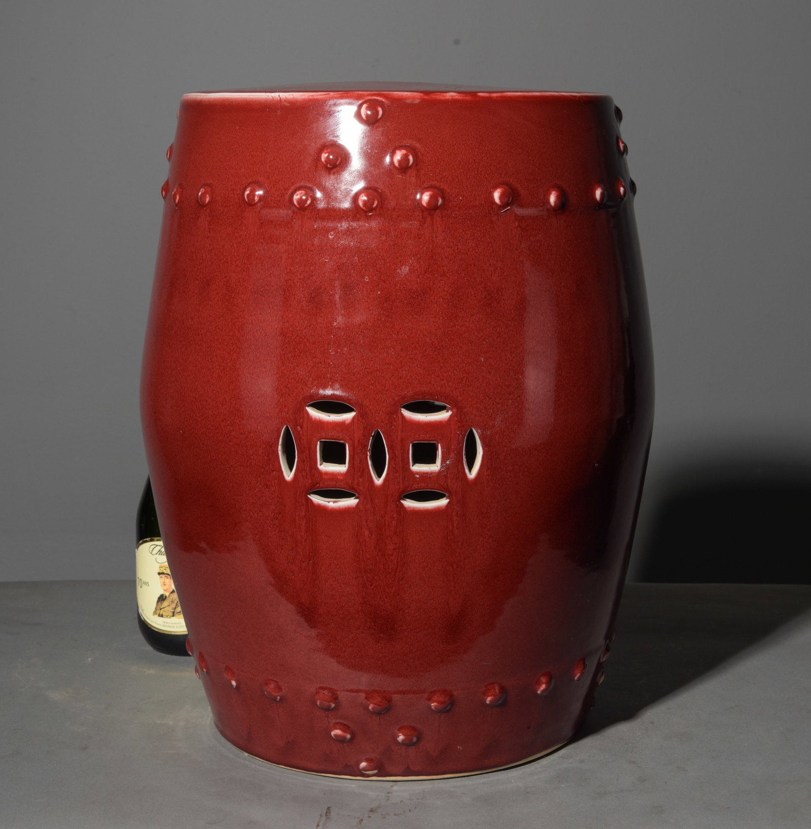 Asian Style Red Glazed Garden Stool / Plant Stand: Asian Style Red Glazed Garden Stool / Plant Stand - 18.5 in tall x 14.5 x 14.5