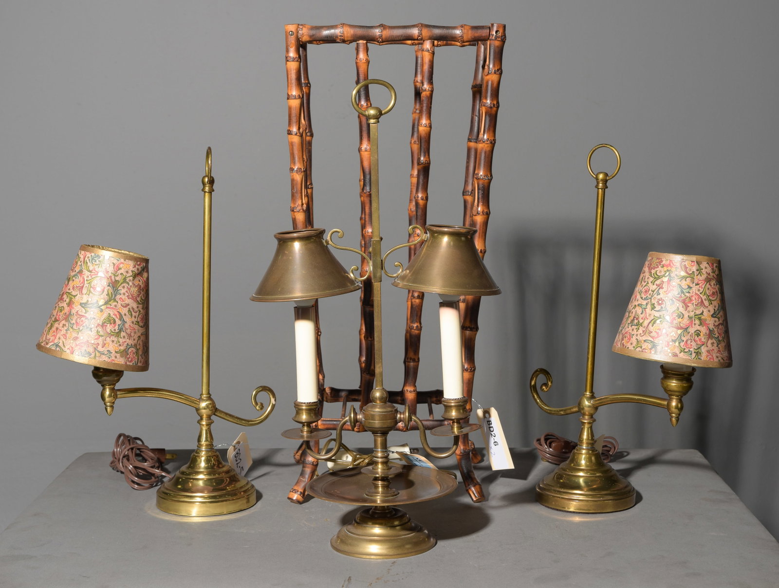 Three Brass Desk Lamps & Babmoo Stick Stand: Three Brass Desk Lamps & Babmoo Stick Stand - Bamboo stand is 22.5 in tall x 10 x 9