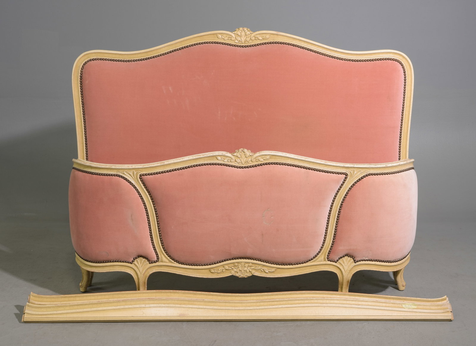 Louis XV Style Upholstered Painted Bed: French Louis XV Style Upholstered Painted Bed with Rails - Headboard is 46.5 in tall x 58.5 x 3, Rails are 69 inches long each - This bed is a European size which can usually be converted to an Americ