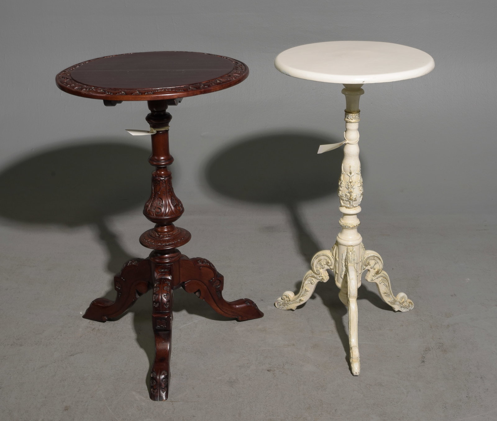 2 French Style Pedestal Base Occasional Tables: 2 French Style Pedestal Base Occasional Tables - 31.5 in tall x 16.5 x 16.5 and 30.5 in tall x 19.5 x 19.5