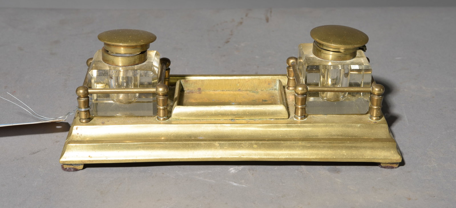 Napoleon III Style Brass Ink Well: French Napoleon III Style Brass Ink Well - 3 in tall x 9.5 x 5