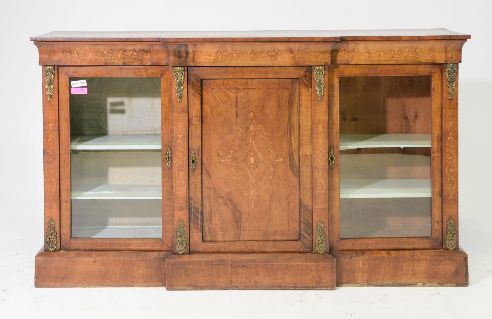 Victorian Antique Walnut Marquetry Inlaid Breakfront Credenza: Victorian Antique Walnut Marquetry Inlaid Breakfront Credenza with Gilded Ormolu Adornments - 41 in tall x 70.75 x 16.5