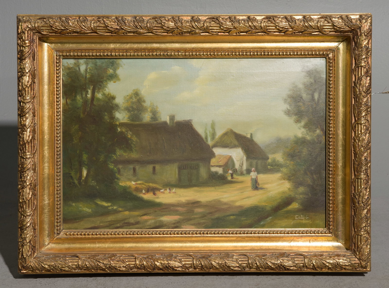 Antique British Rural Landscape Oil Painting #1: Antique British rural landscape oil painting on canvas depicting a quiet country lane leading past thatched-roof cottages, with figures and poultry beneath mature trees. Signed lower right with an uni