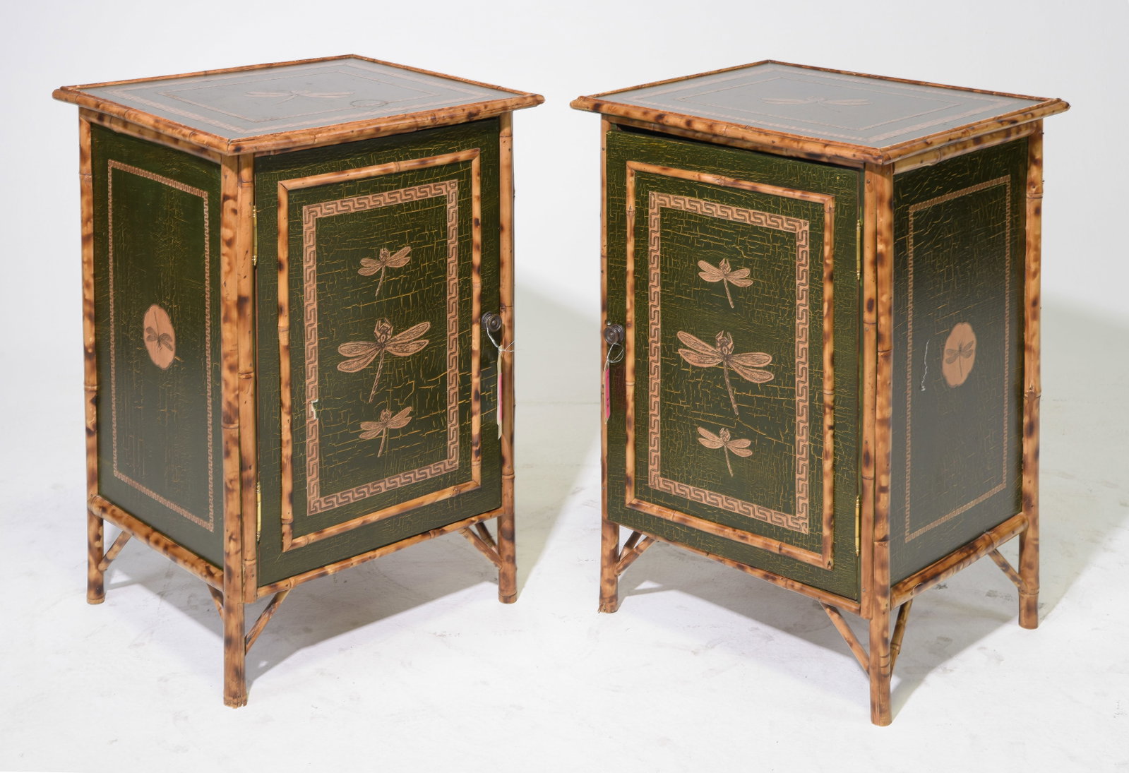 English Antique Pair of Burnt "Tortoise" Bamboo Accent Cabinets (1 of 5)