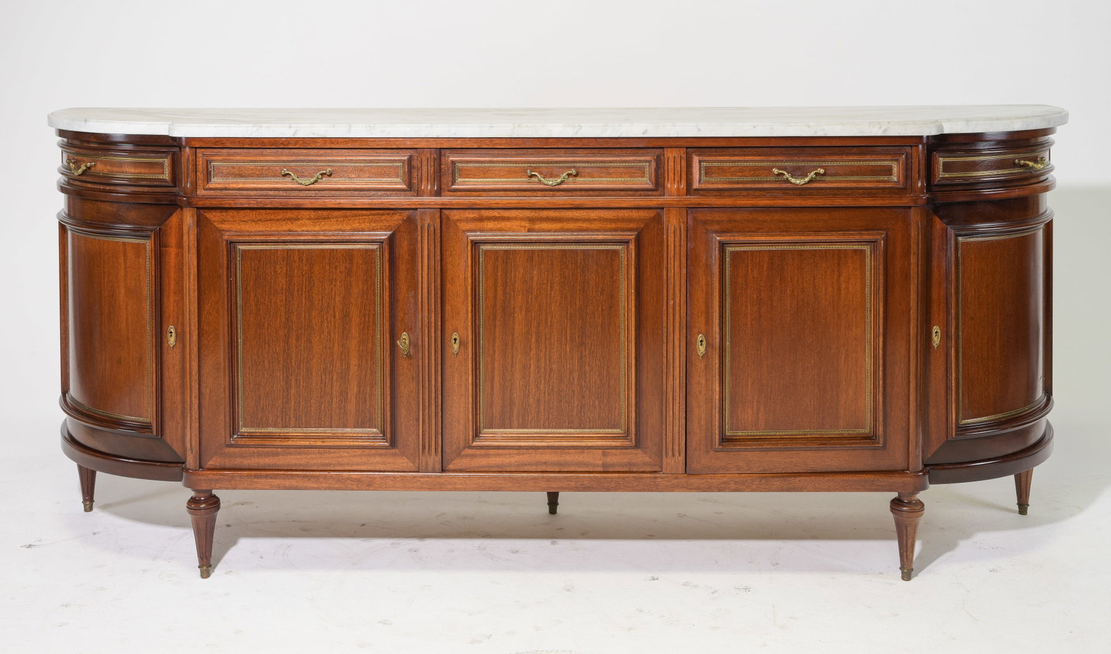Louis XVI Style White Marble Top Mahogany Curved Sideboard: French Louis XVI Style White Marble Top Mahogany Curved Five Door Sideboard / Enfilade - 39 in tall x 100 x 23