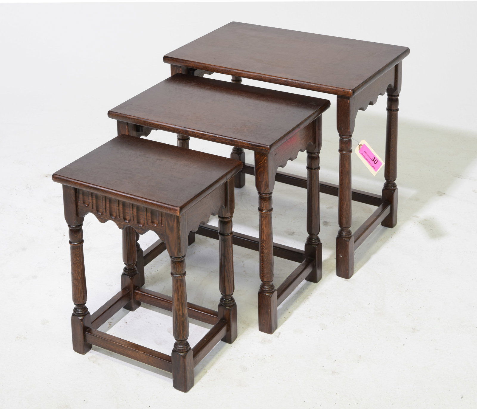 British Oak Nest of Three Tables c.1930's-40's: British Oak Nest of Three Tables c.1930's-40's - 18.5 in tall x 20 x 13.75, 17.75 in tall x 16.25 x 12 and 16.25 in tall x 12 x 9.75