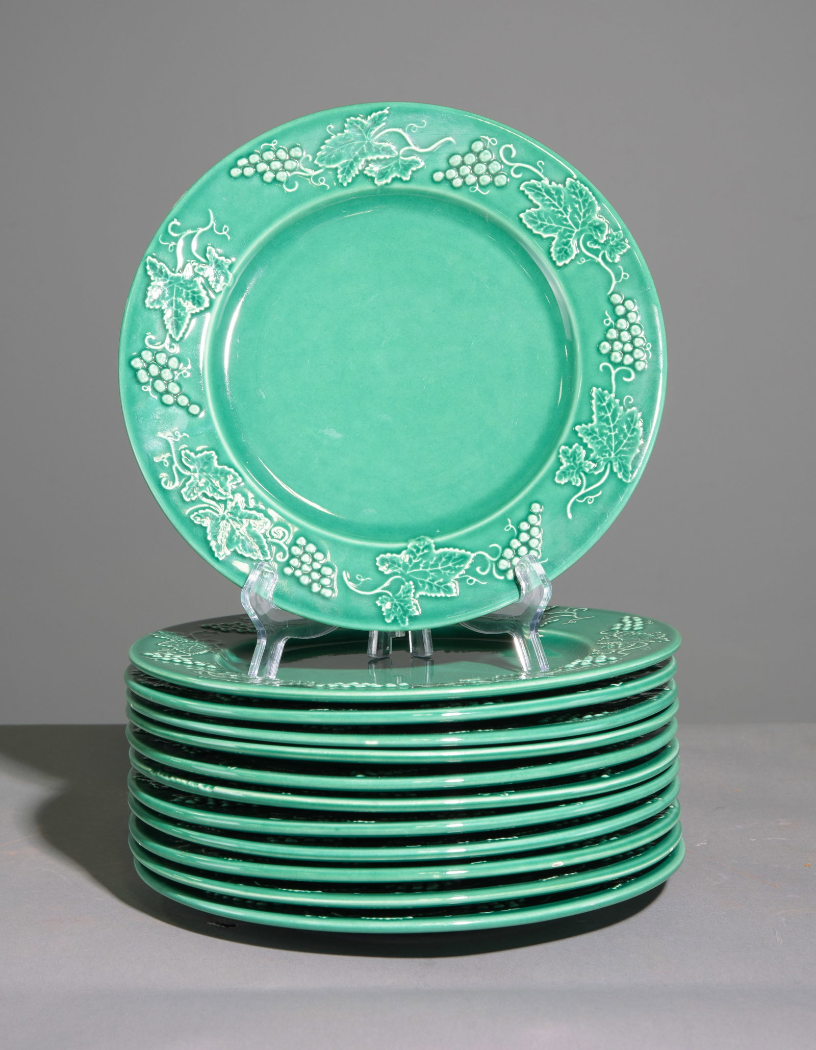 12 Green Majolica Plates with Grape Clusters on Vine Motif (1 of 5)