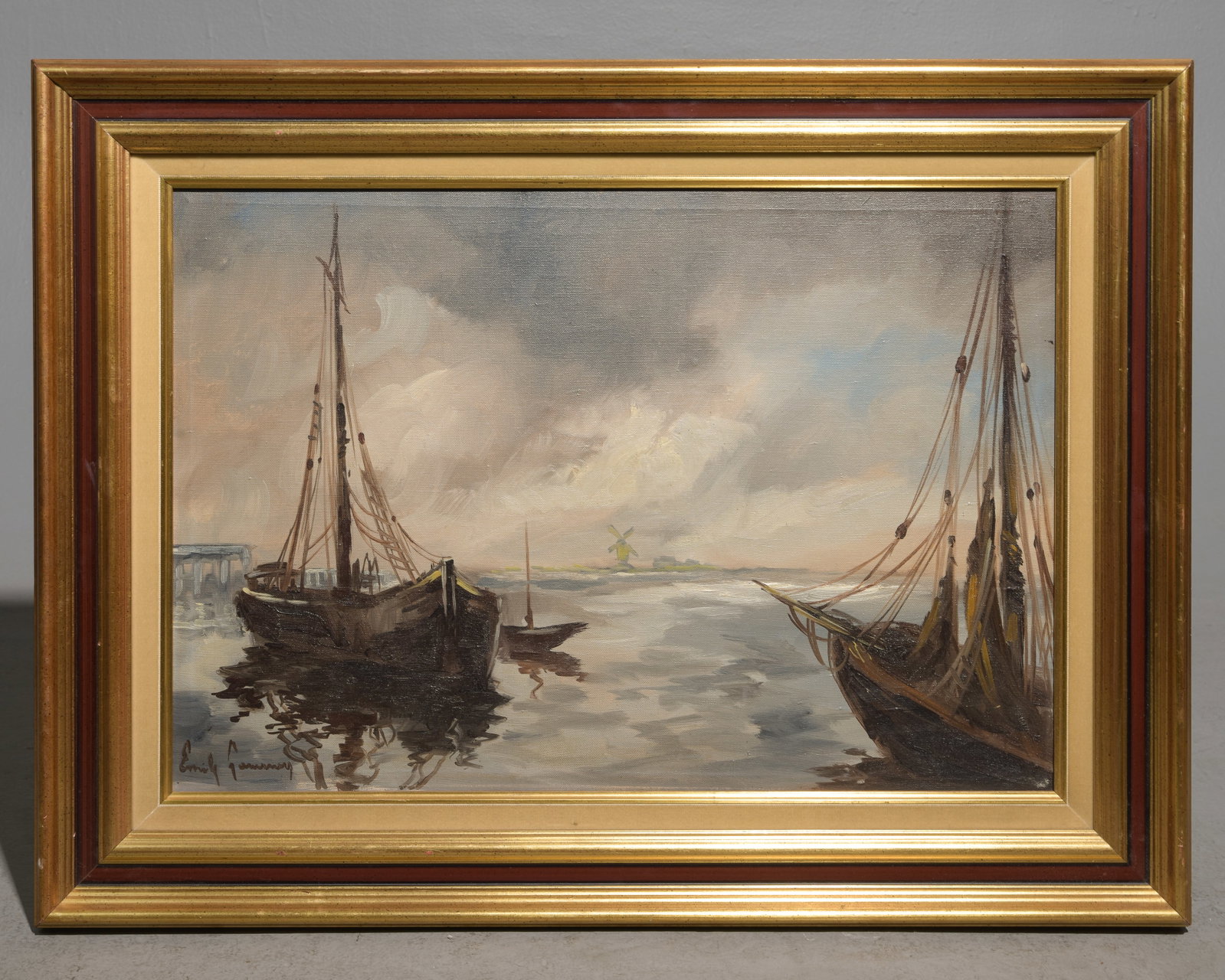 Antique Maritime Oil Painting on Canvas: Antique Maritime Oil Painting on Canvas featuring sailboats anchored at harbor under a hazy, overcast sky. - 24 in tall x 32 x 1.5, The work itself is 18 x 25.5
