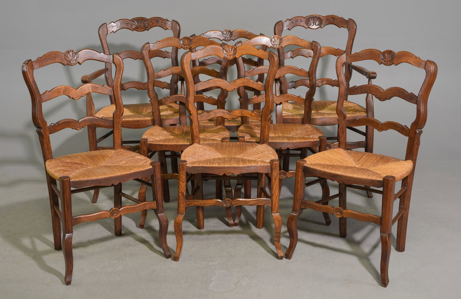Set Of 8 Louis XV Style Oak Rush Seat Chairs (1 of 6)