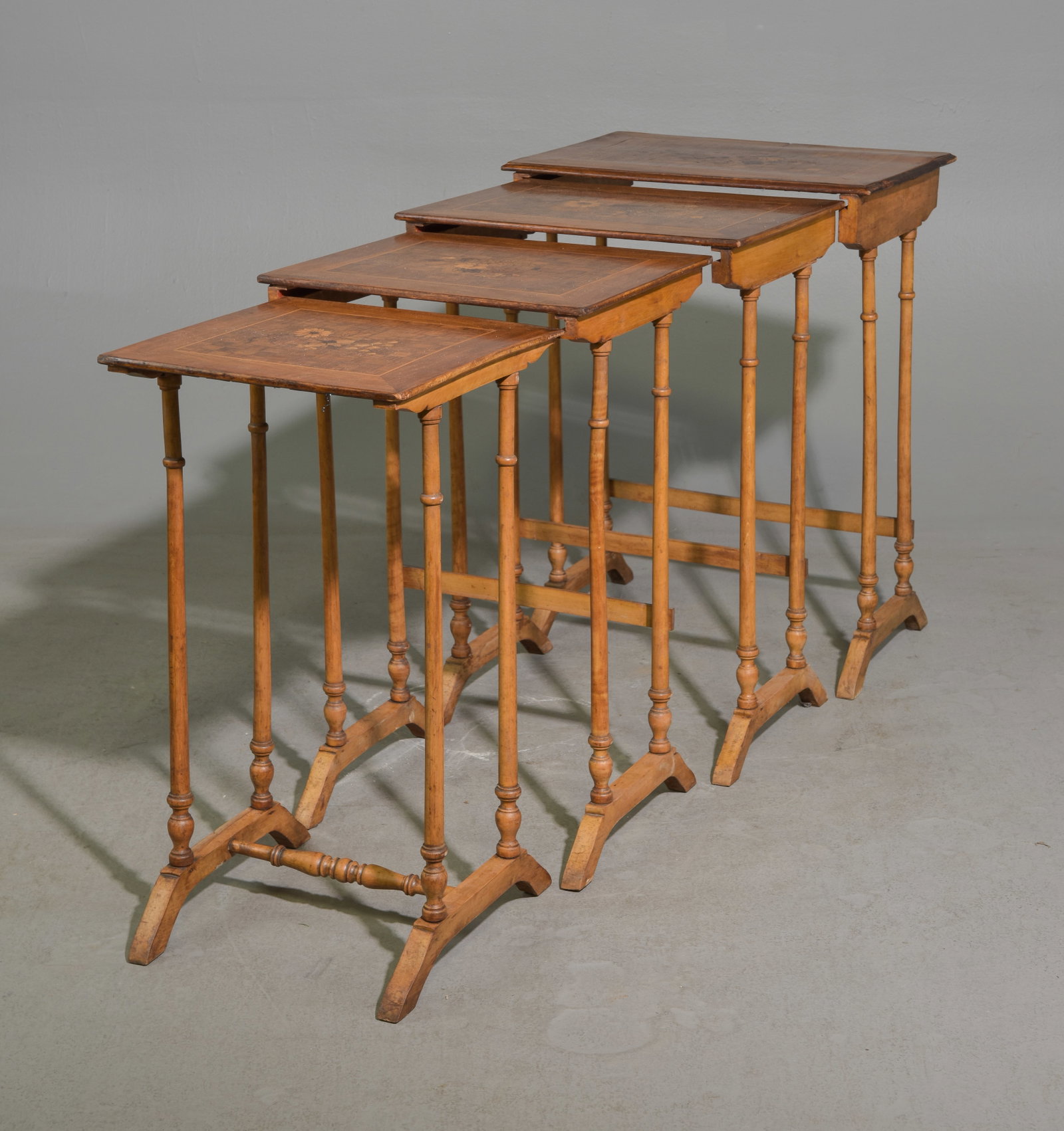 Napoleon III Style Marquetry Inlaid Nest of 4 Tables: French Napoleon III Style Marquetry Inlaid Nest of 4 Tables - 28.5 in tall x 22 x 14.5, 27.5 in tall x 19 x 14, 27 in tall x 16.5 x 14 and 26 in tall x 14 x 14