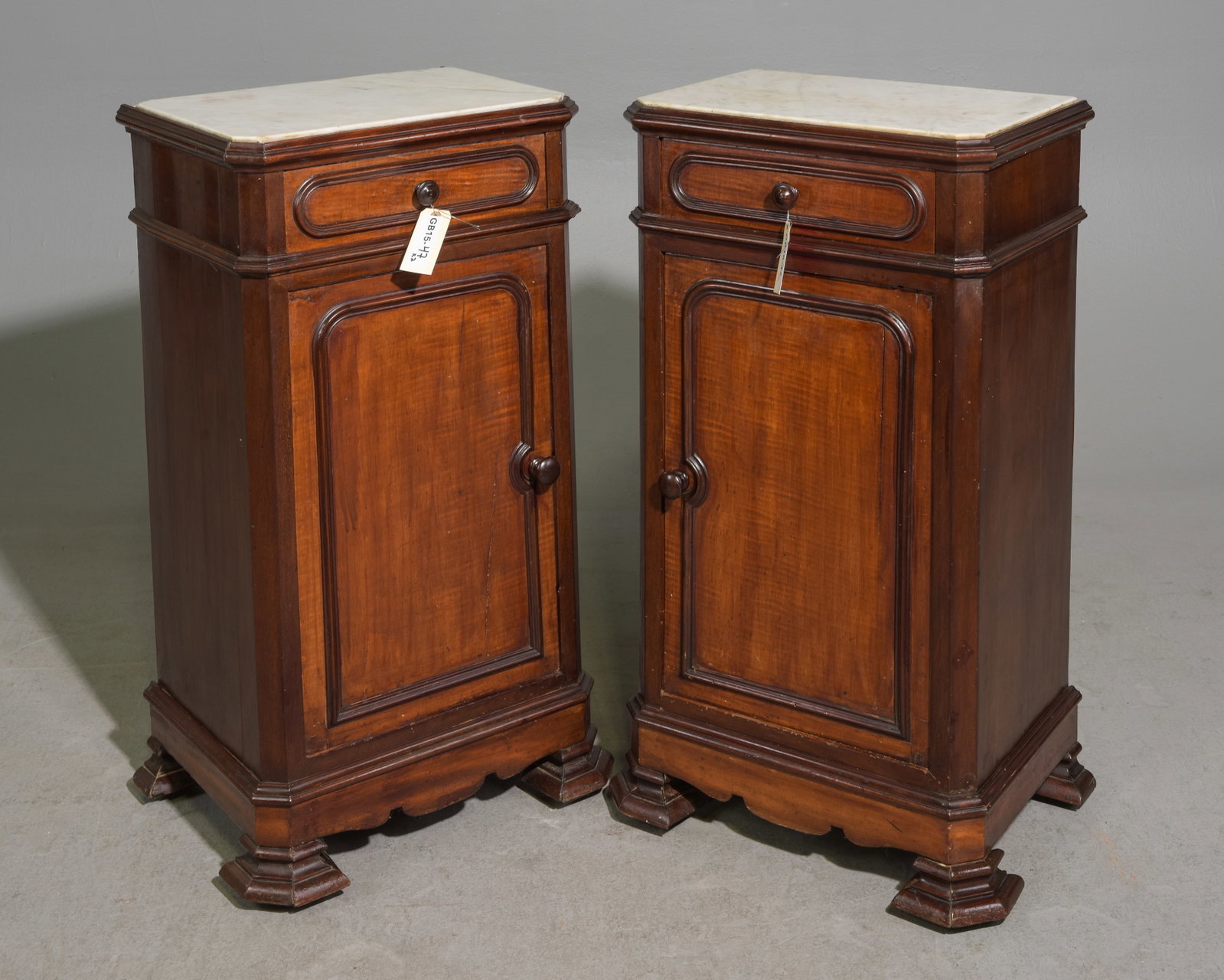 2 Louis Philippe Style Inset Marble Top Cabinets: 2 French Louis Philippe Style Inset White Marble Top Cabinets / Nightstands - 34.5 in tall x 19 x 14.5 each
