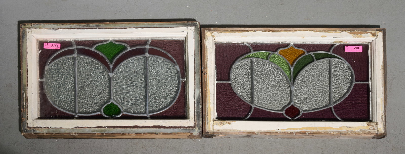 Two British Framed Stained Leaded Glass Windows #1: Two British Framed Stained Leaded Glass Windows - Multi Color with Amethyst Border - 18.25 in tall x 28 x 2
