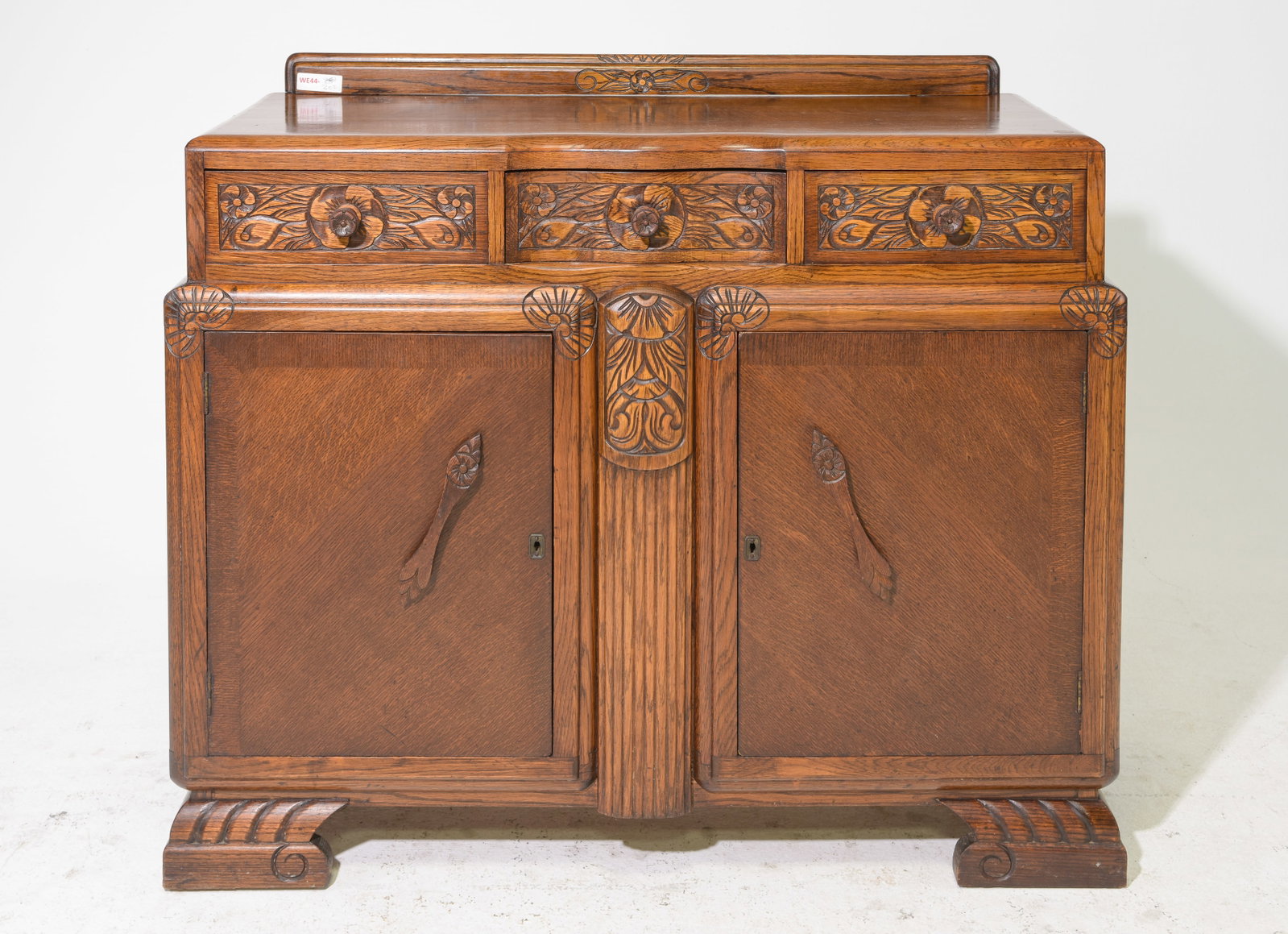 Tudor Style Carved Oak Buffet / Server: British Tudor Style Carved Oak Buffet / Sideboard with Backsplash - 39.75 in tall x 46 x 19