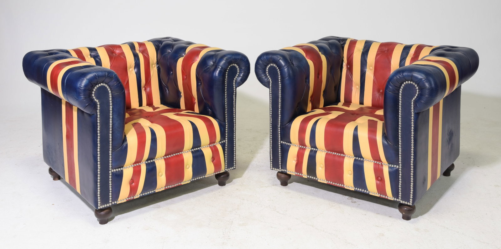 2 Union Jack Leather Club Chairs: 2 Union Jack Leather Chesterfield British / English Style Club Chairs - 28 in tall x 37 x 33.5 each, Seat height is 15 inches, Seat depth is 22.5 and the width is 19.5 each - These have been painted