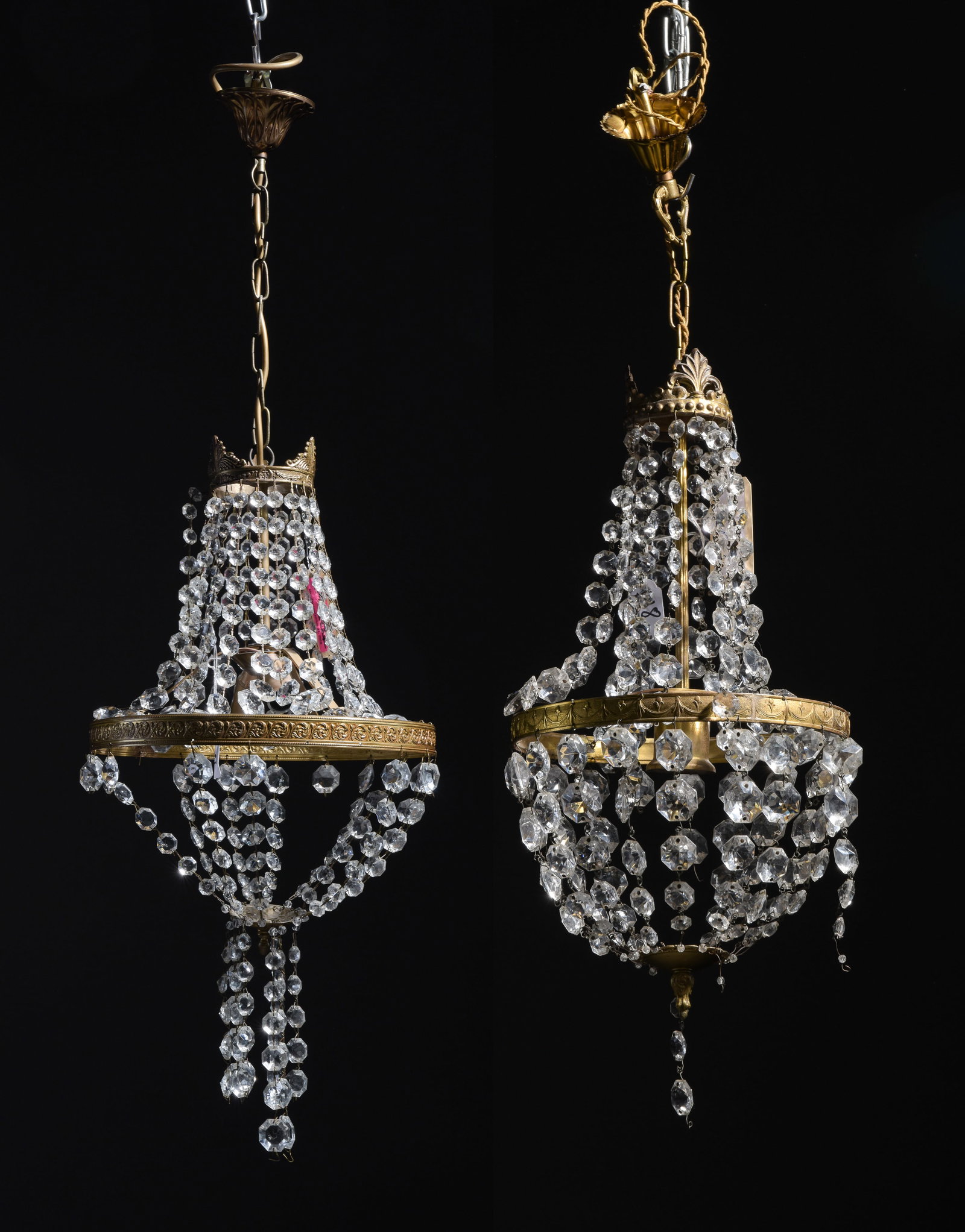 2 French Gilded Metal & Crystal Chandeliers: 2 French Gilded Metal & Crystal Chandeliers - 29.5 in tall x 10 inch diameter and 31 in tall x 11.5 inch diameter