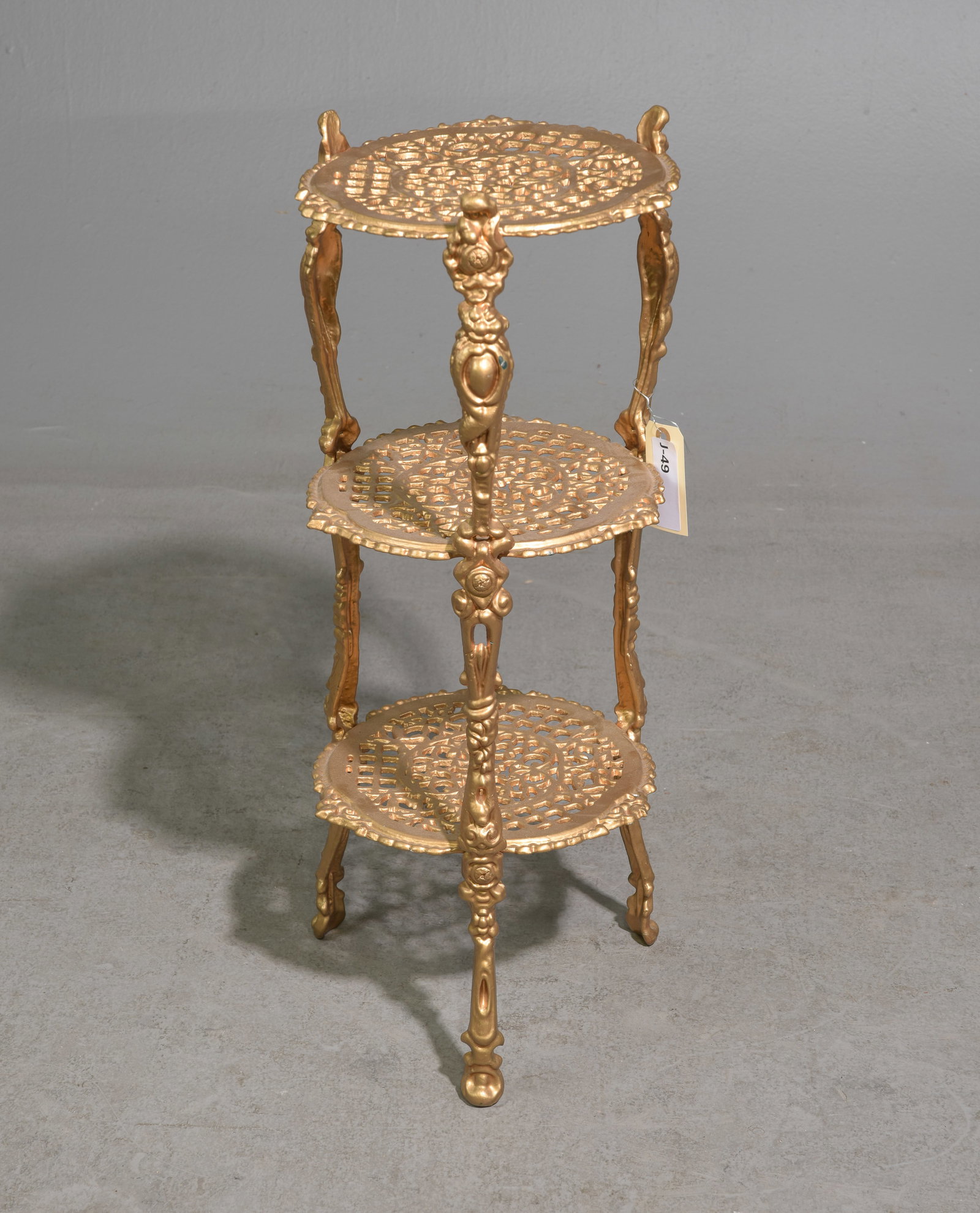 French Gold Painted Metal Three Tier Plate Stand: French Gold Painted Metal Three Tier Plate / Plant Stand - 27 in tall x 10 inch diameter