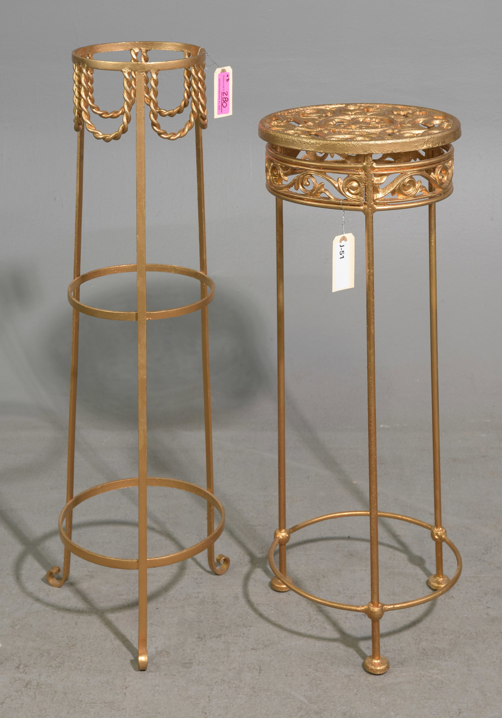 2 Gold Painted / Gilded Metal Plant Stands: 2 Gold Painted / Gilded Metal Plant Stands - 37.5 in tall x 11 x 10 and 30 in tall x 12 x 12