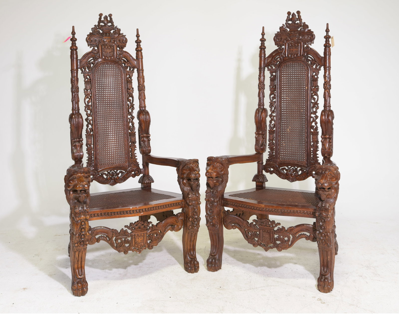 2 Empire Style Large Caned Mahogany Lion Head Throne Chairs: 2 Empire Style Large Caned Mahogany Lion Head Throne Chairs - 70.25 in tall x 36 x 30 each with a seat height of 18.75 inches