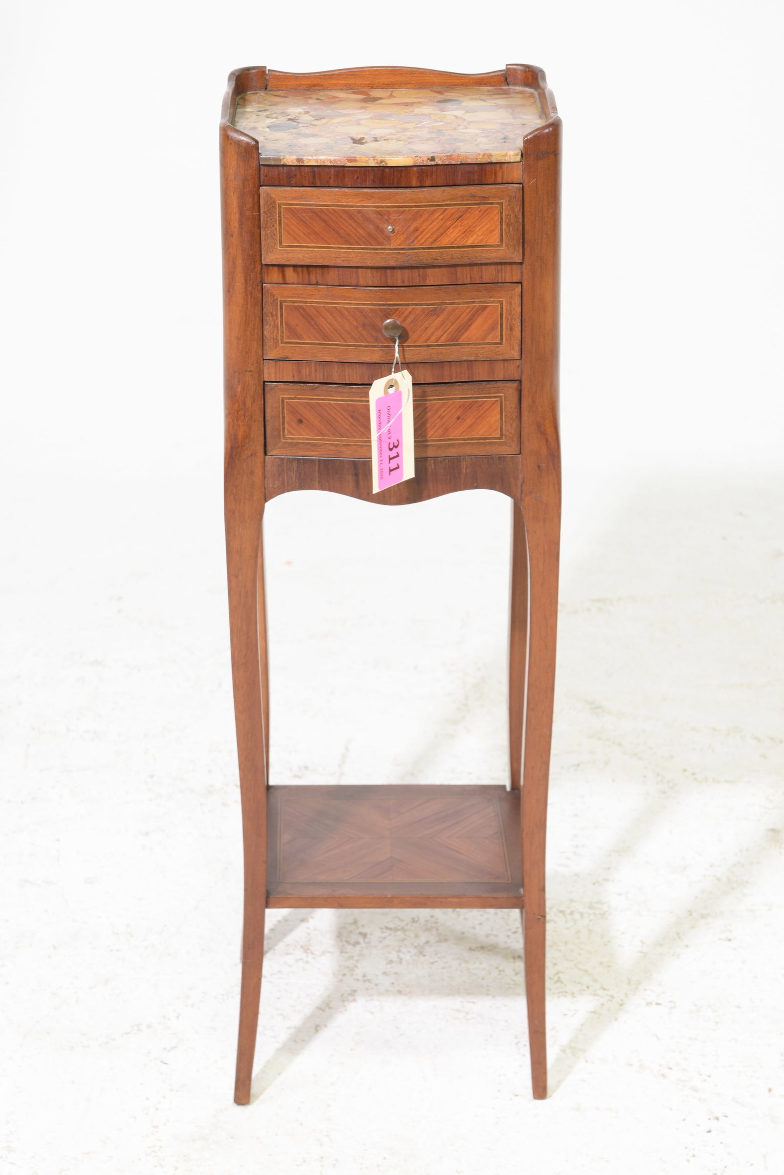Louis XV Style Petite Marble Top Three Drawer Chest: French Louis XV Style Petite Marble Top Three Drawer Chest - 29 in tall x 9.5 x 8.5
