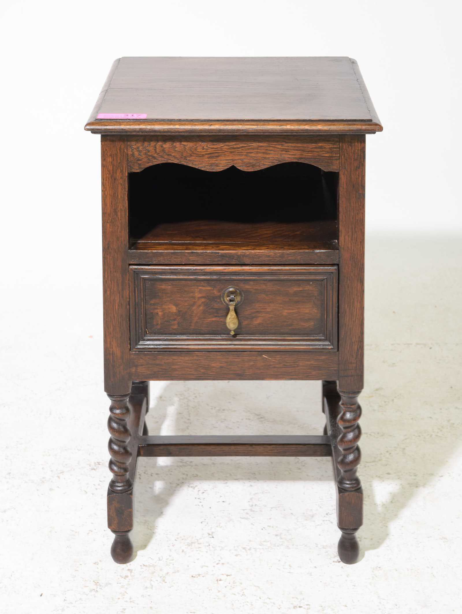 British Oak Barley Twist Occasional Table with Niche: British Oak Barley Twist Occasional Table / Nightstand with Niche and one drawer - 27 in tall x 16 x 16