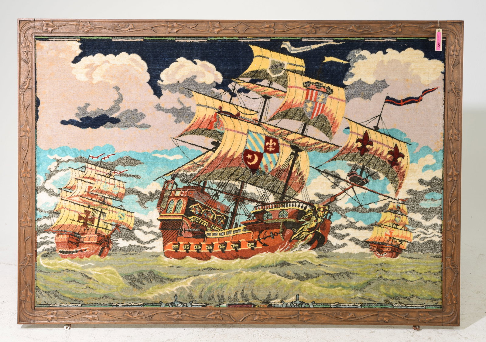 Carved Oak Framed Textile Tapestry - Discovery of America: Carved Oak Framed Textile Tapestry - Discovery of America - 45 in tall x 66 x 2