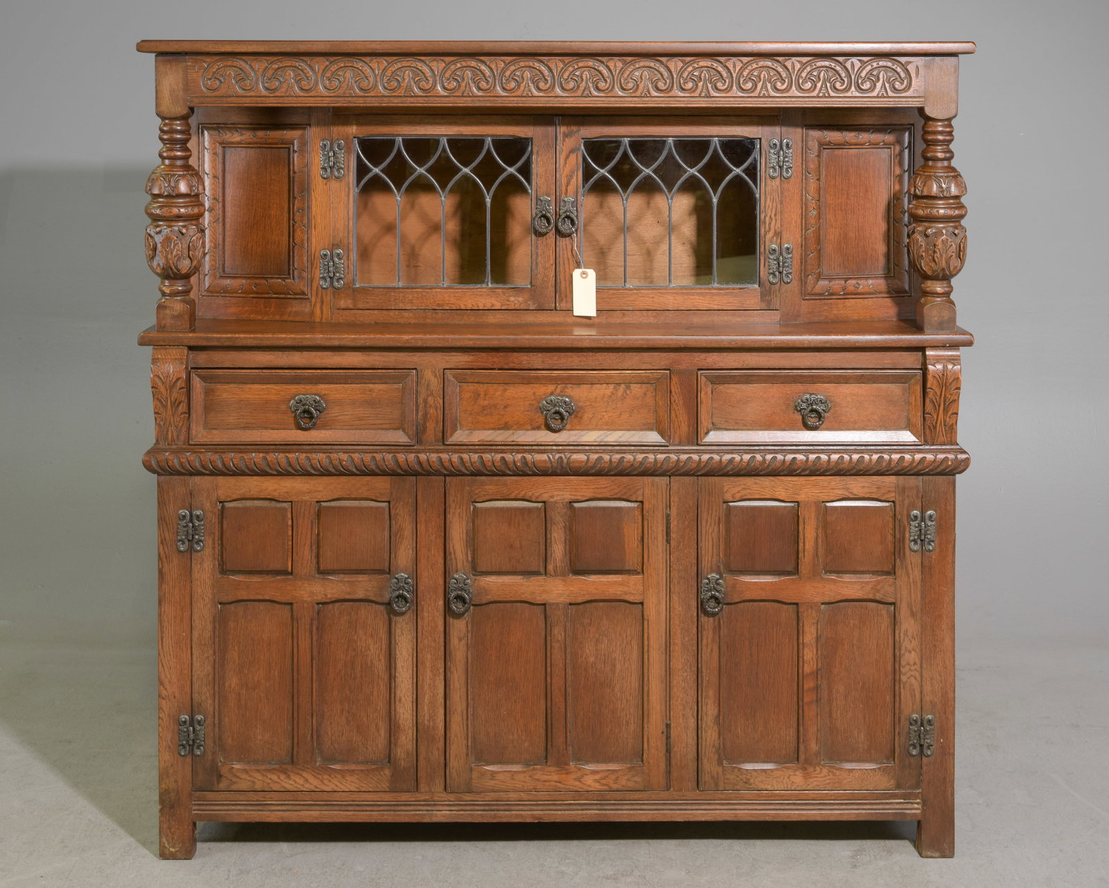 Tudor Style Carved Oak Leaded Glass Court Cupboard: British Tudor Style Carved Oak Leaded Glass Court Cupboard - 54 in tall x 54 x 18.25