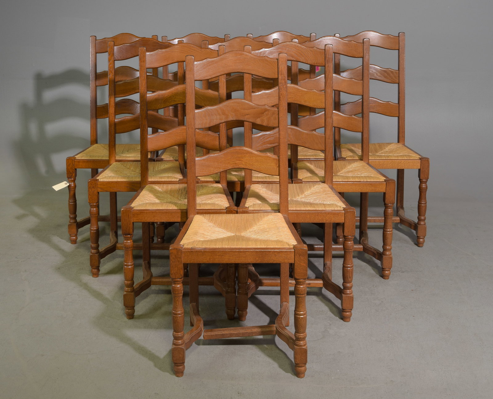 French Set of 10 High Back Oak Rush Seat Chairs: French Set of 10 High Back Oak Rush Seat Chairs - 41.5 in tall x 17.75 x 17.5 each with a seat height of 18 inches