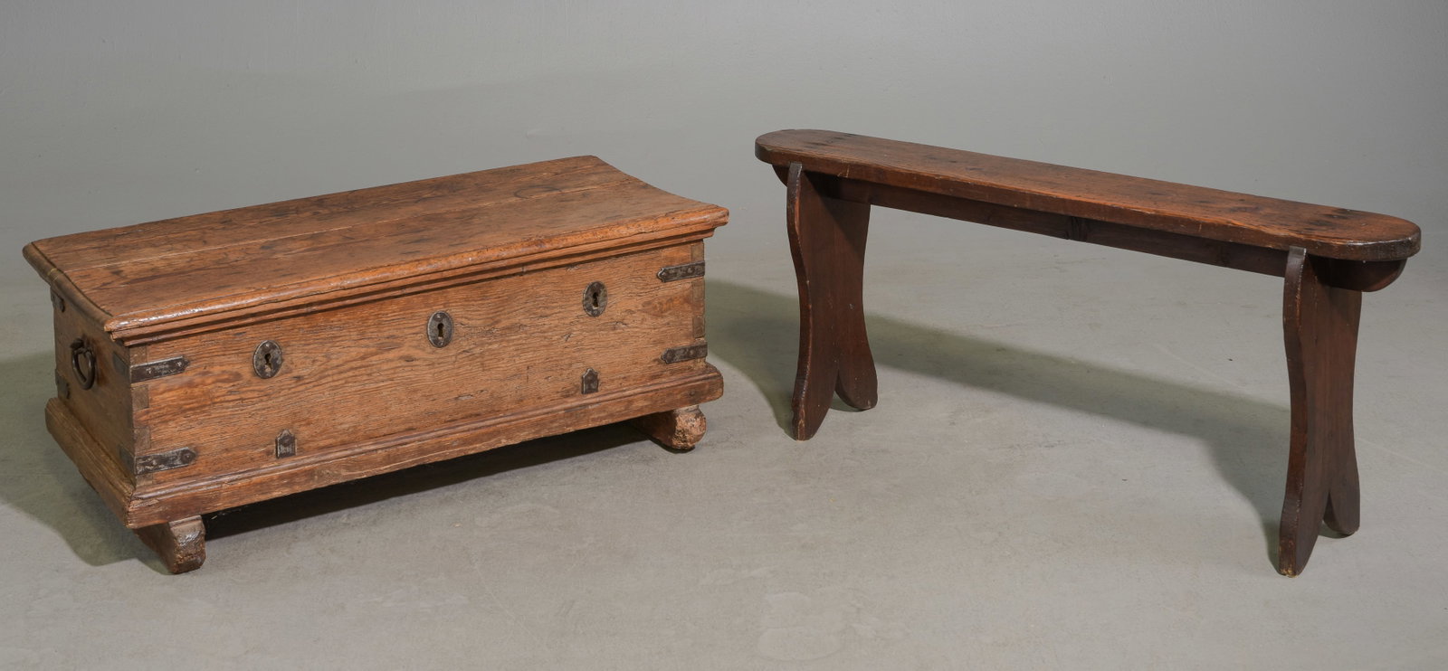 French Oak Bench & Rustic Tool Box: French Oak Bench & Rustic Tool Box - 15.25 in tall x 38.5 x 18.75, Bench is 18.5 in tall x 43.25 x 8
