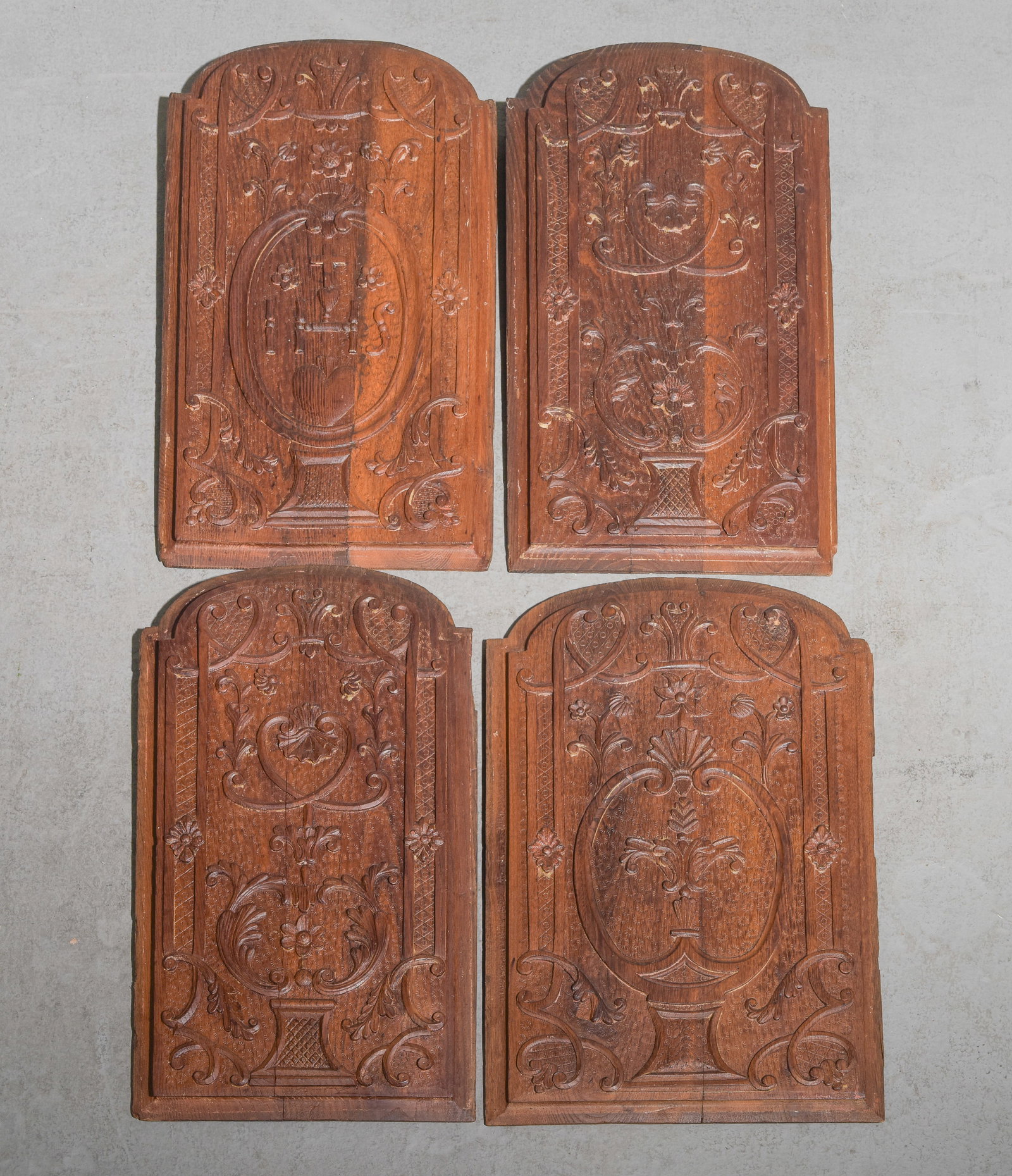 Renaissance Style Set of Four Carved Oak Panels: Renaissance Style Set of Four Carved Oak Panels - 25.5 in tall x 16 x 1.25